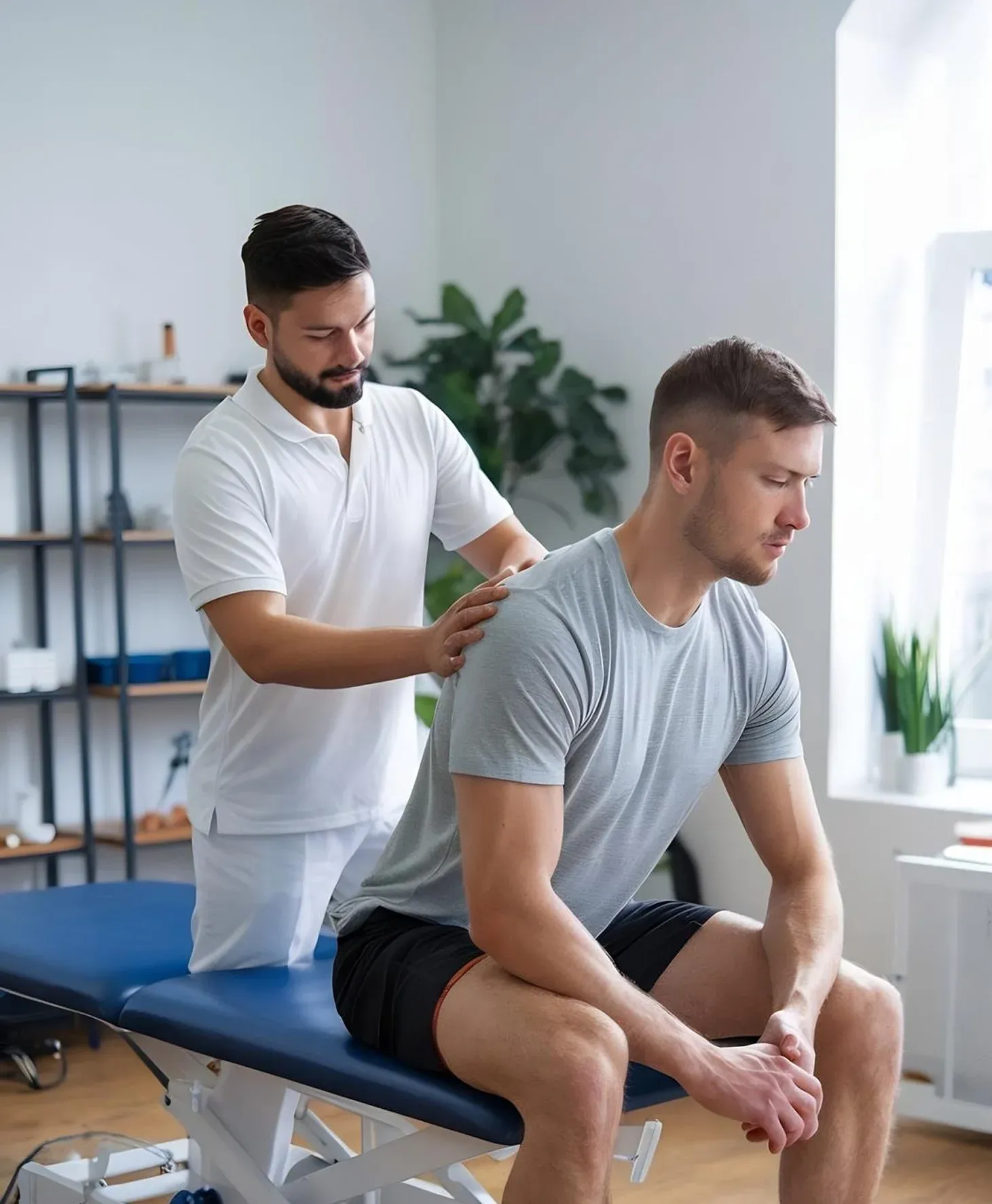 A therapist supporting a patient through an exercise